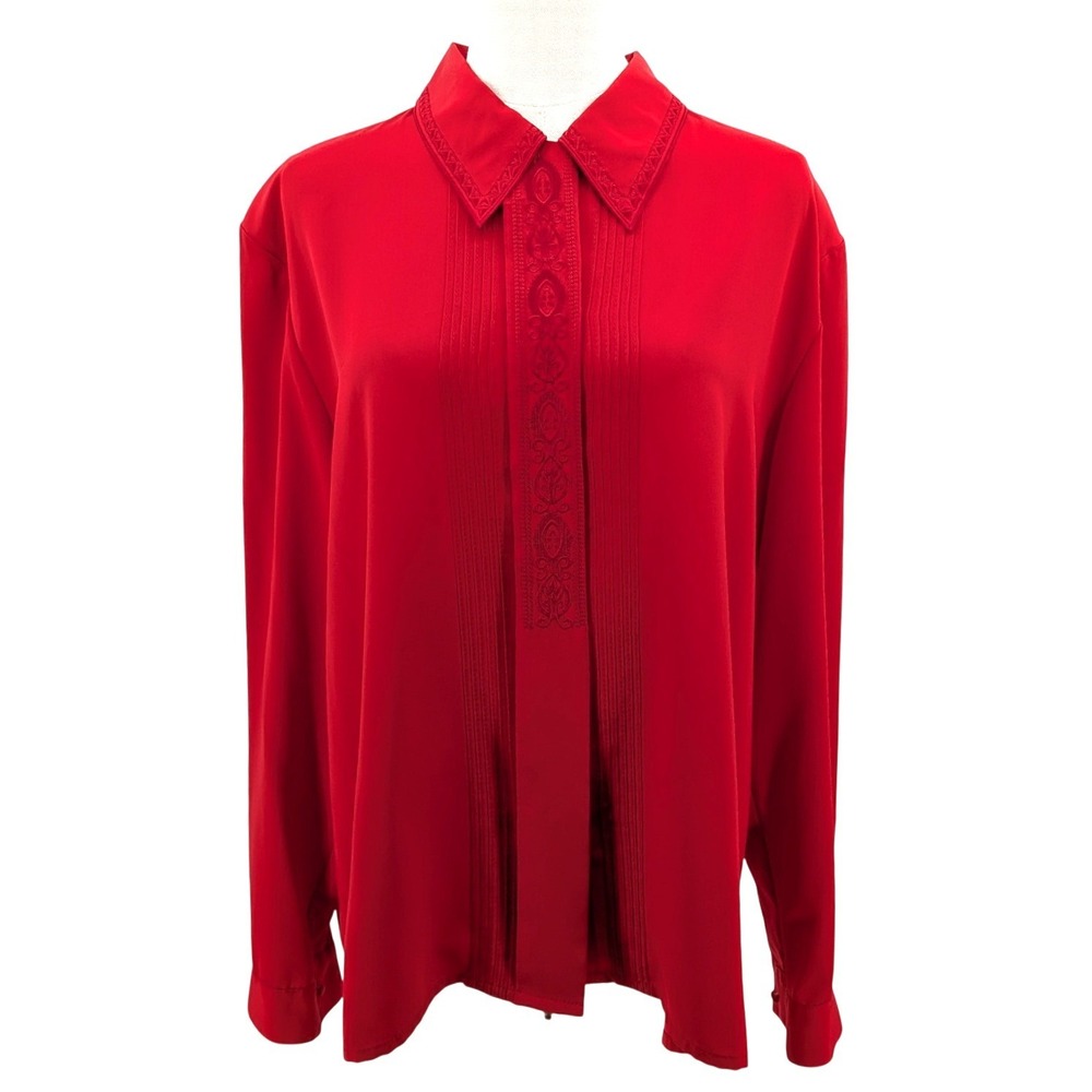 Claudia Richard Red Embroidered Blouse Womens 16 Button Up Long Sleeve Vintage